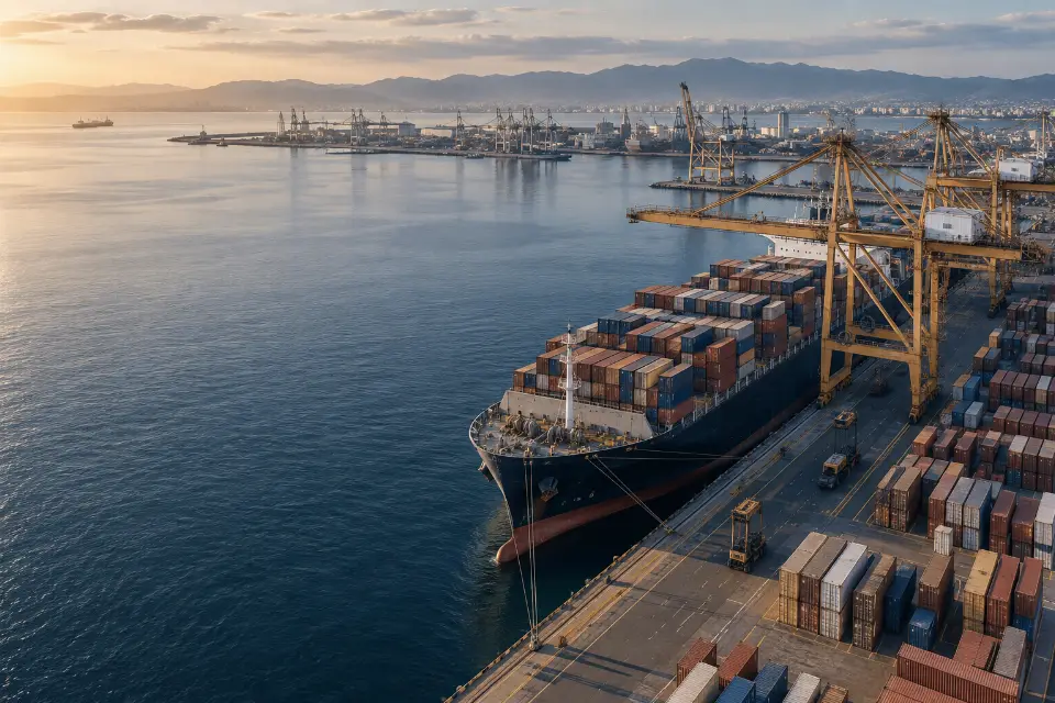 Container ships and terminals connecting international trade routes