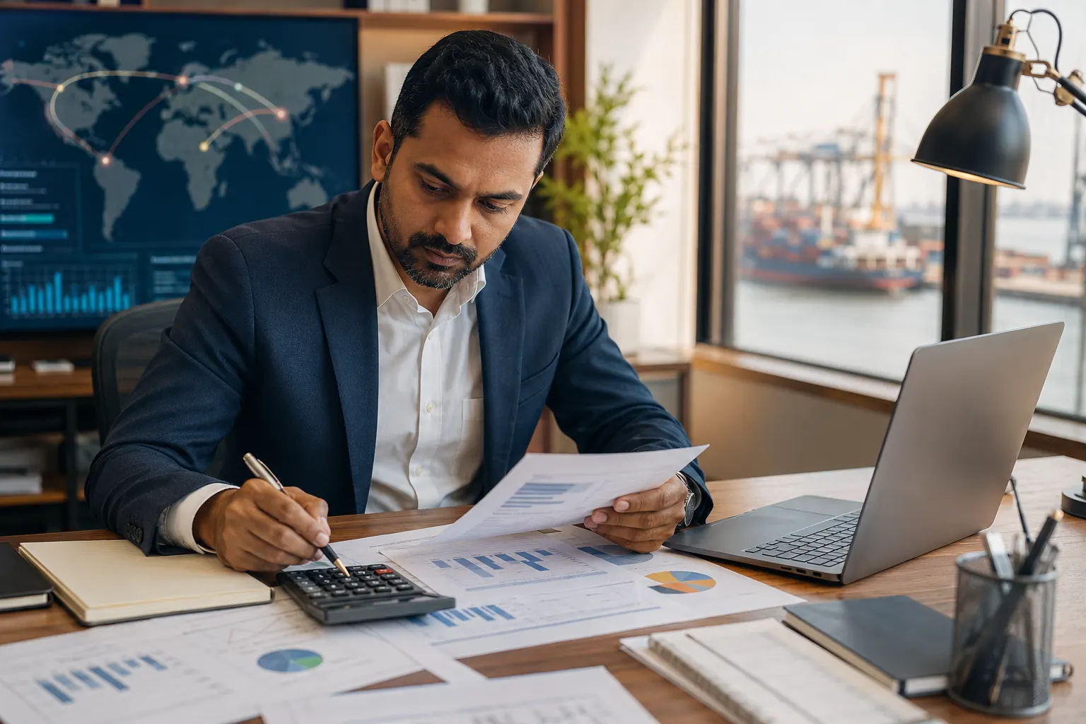 Consultant developing an international market-entry plan beside global route data